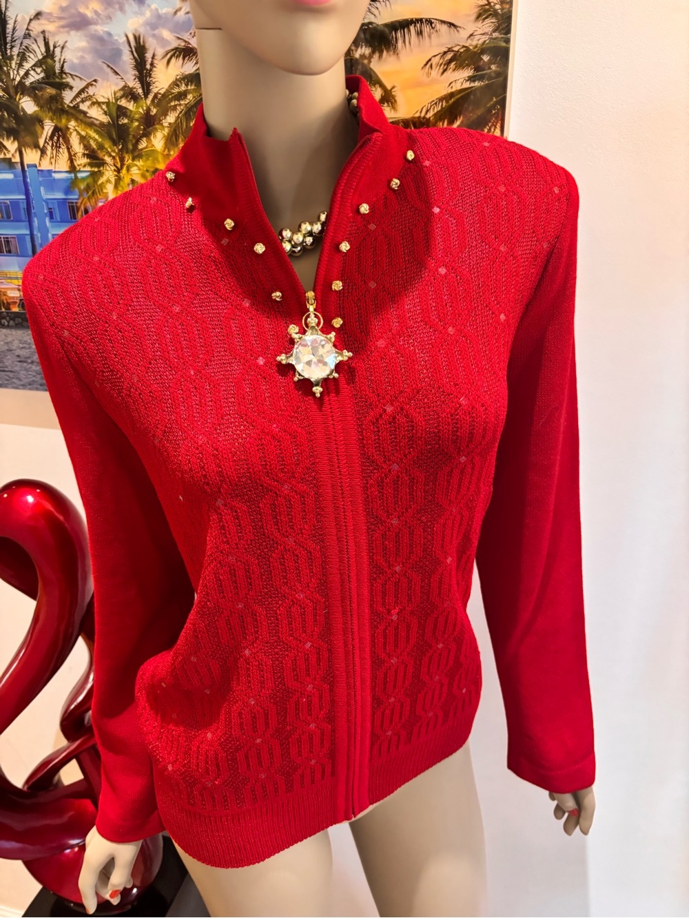 St. John Red Zip-Front Knit Jacket with Gold-Tone Stud Detail 8 M